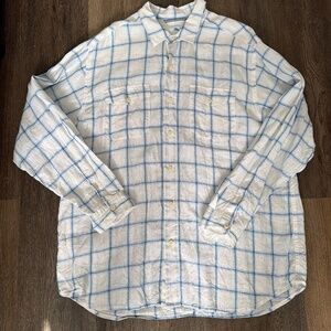 Tommy Bahama Relax 100% linen men's button up shirt size XL plaid white blue